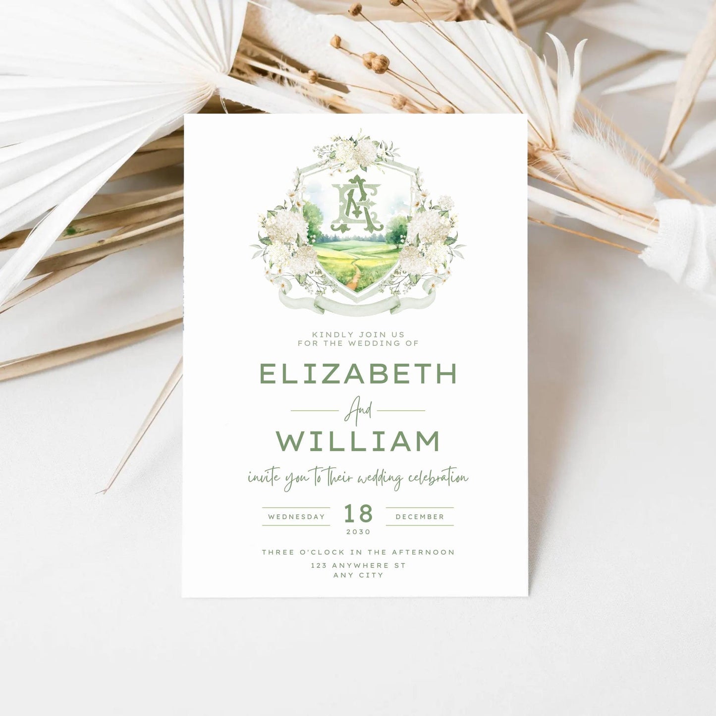 White Cream Hydrangea Flower Wedding Crest - Monogram Crest - Hydrangea Floral Luxury Watercolor Wedding Crest - Romantic Wedding Crest