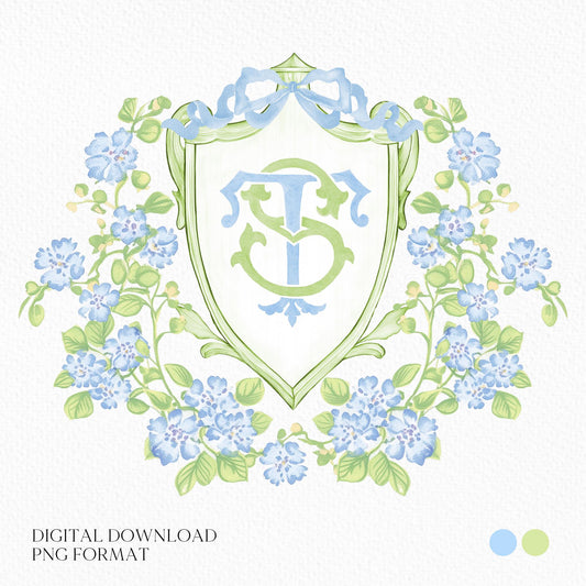 Watercolor Blue Flower Wedding Crest - Monogram Crest - Botanical Floral Blue Watercolor Wedding Crest - Vintage Green Floral Wedding Crest