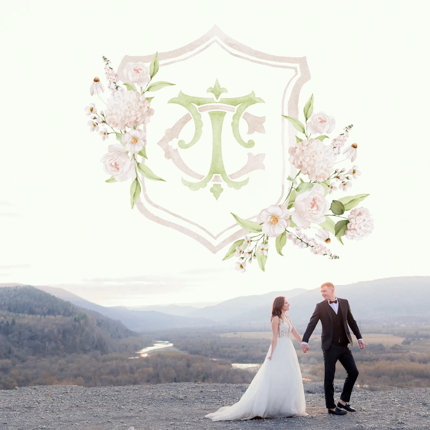 Hydrangea White Flower Wedding Crest - Monogram Crest - White Hydrangea Floral Luxury Watercolor Wedding Crest - Romantic Wedding Crest