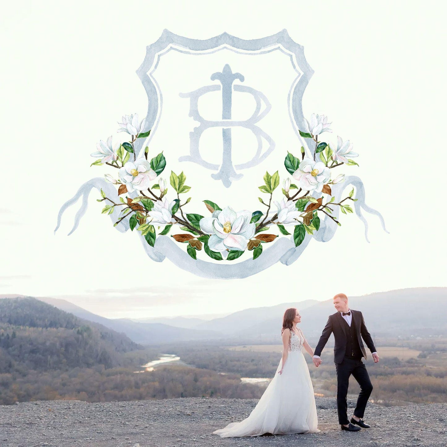 Magnolia Greenery Flower Watercolor Wedding Crest - Monogram Crest - Magnolia Floral Watercolor Wedding Crest - Romantic Wedding Crest