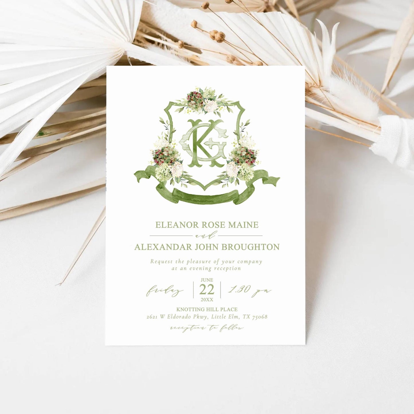 Hydrangea Macrophylla Green Flower Wedding Crest, Monogram Crest, Lush bright Greenery Floral Watercolor Wedding Crest, Hydrangea Crest