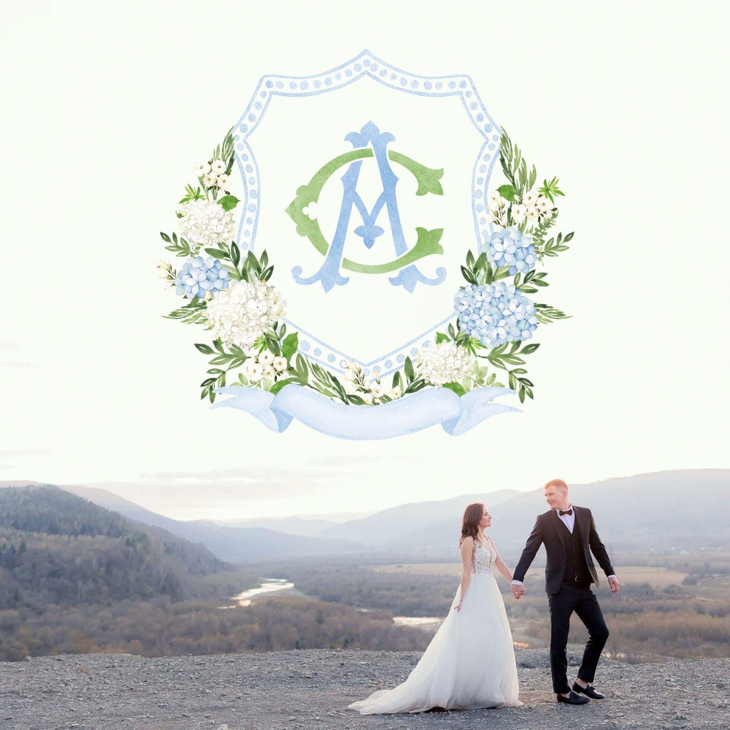 Hydrangea Flower Wedding Crest - Monogram Crest - Hydrangea Floral Luxury Watercolor Wedding Crest - Romantic Wedding Crest- Boho Hydrangea