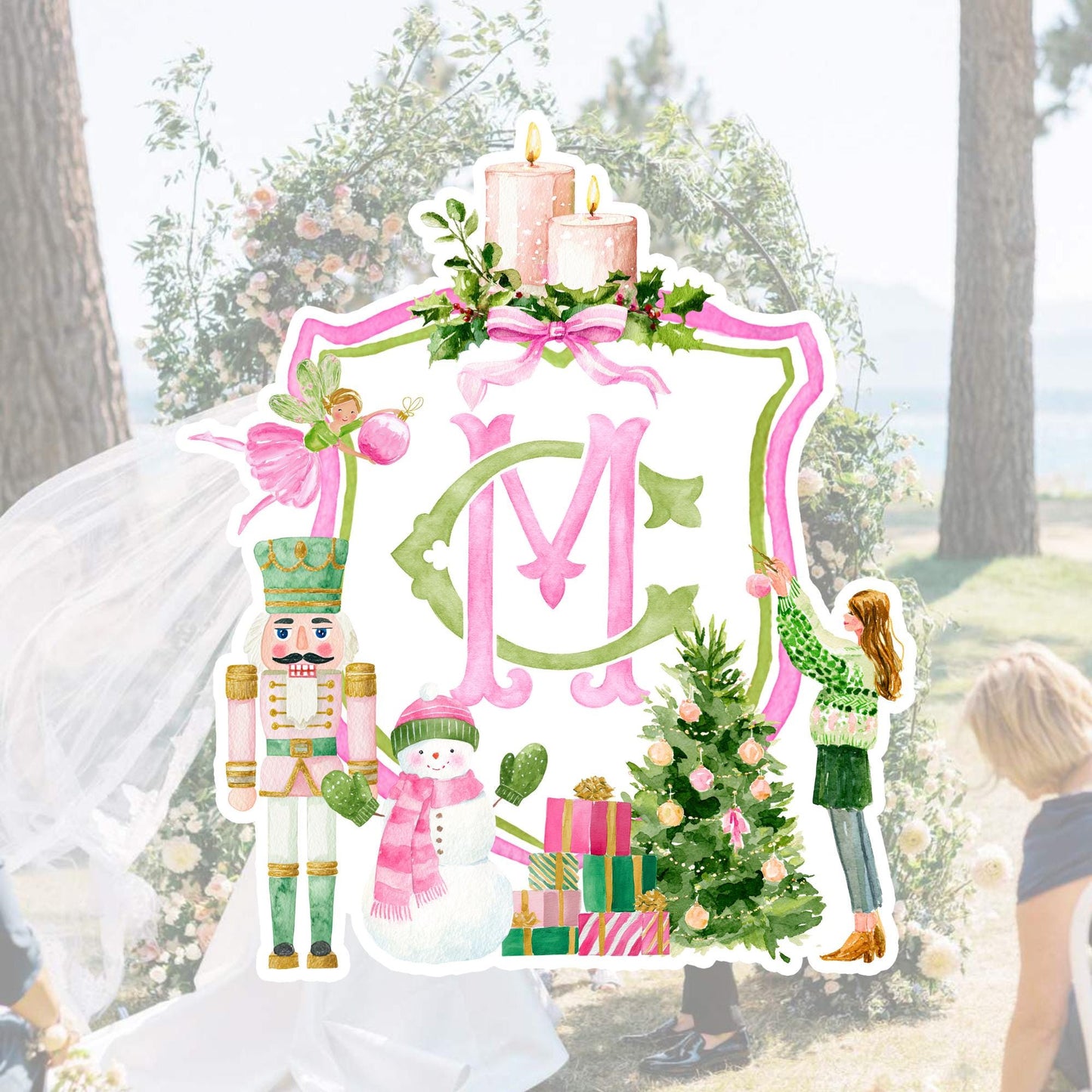 Nutcracker Christmas Wedding Crest - Monogram Crest - Winter Floral Watercolor Wedding Crest - Winter Christmas Wedding Light Pink Crest
