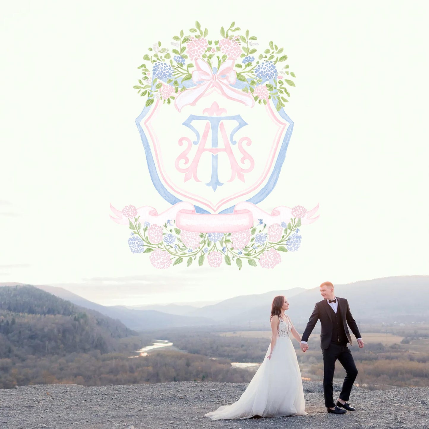 Pink Light Blue Hydrangea Flower Wedding Crest - Monogram Crest - Blue Hydrangea Floral Watercolor Wedding Crest - Romantic Wedding Crest