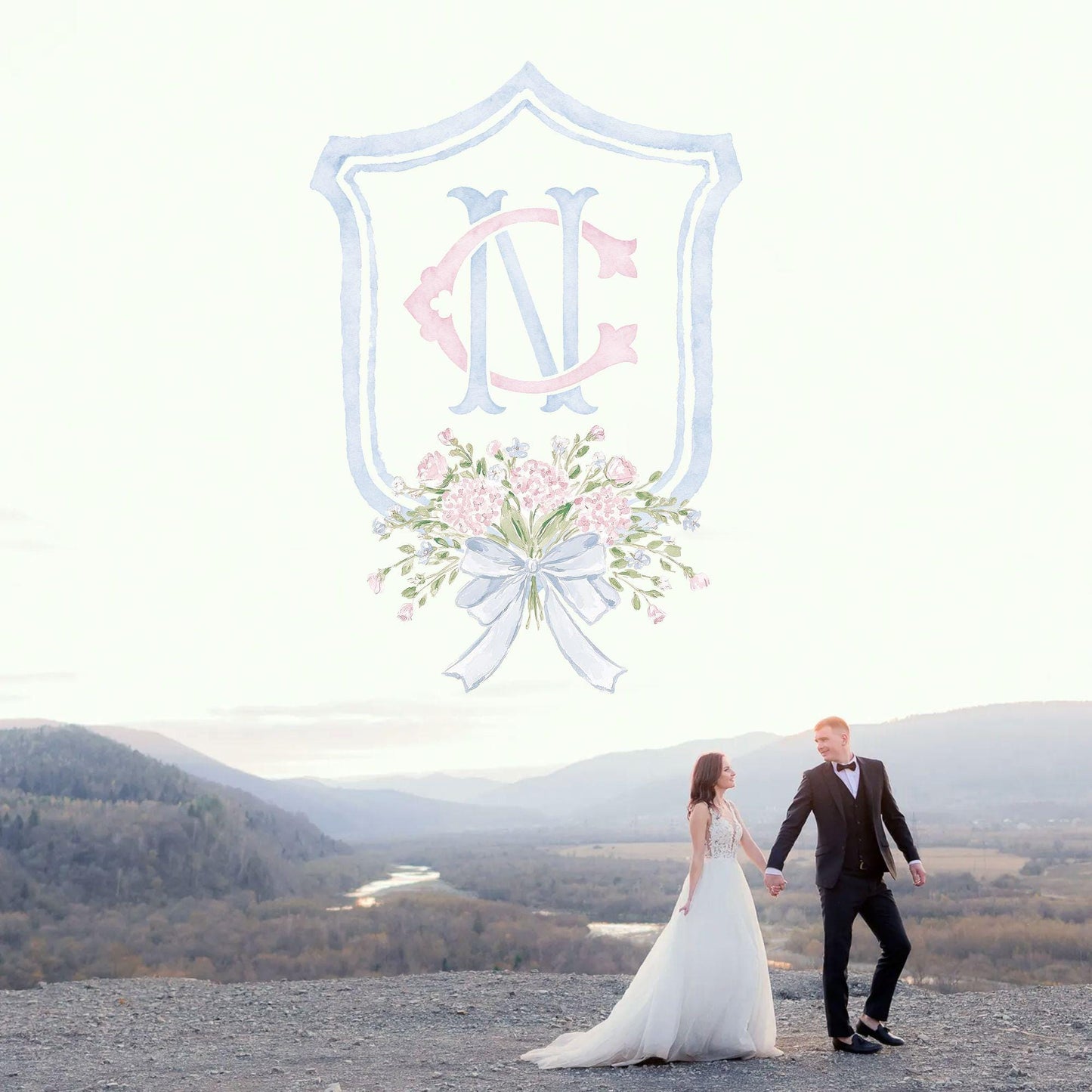 Hydrangea Pink Green Floral Wedding Crest - Monogram Crest - Green Baby's Breath Hydrangea Floral Luxury Watercolor Wedding Crest