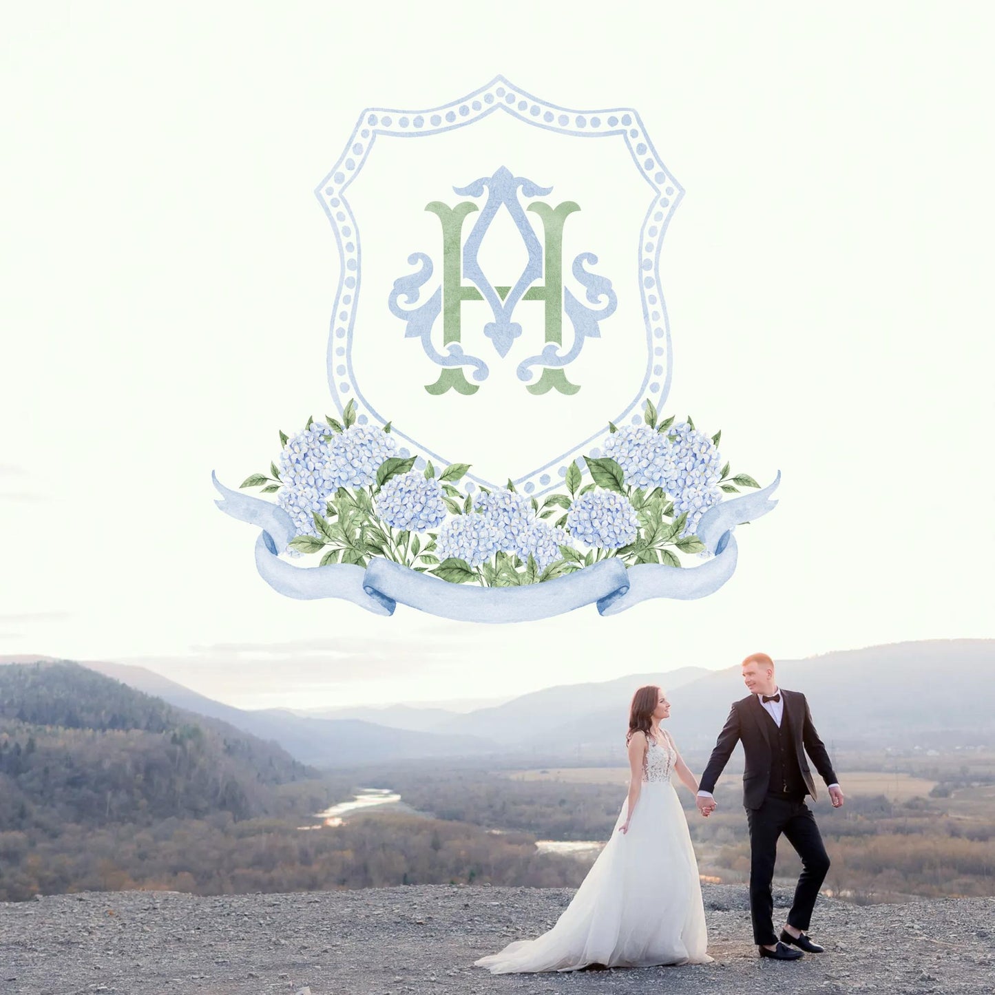 Hydrangea Flower Wedding Crest - Monogram Crest - Hydrangea Floral Luxury Watercolor Wedding Crest - Romantic Wedding Crest - Boho Hydrangea