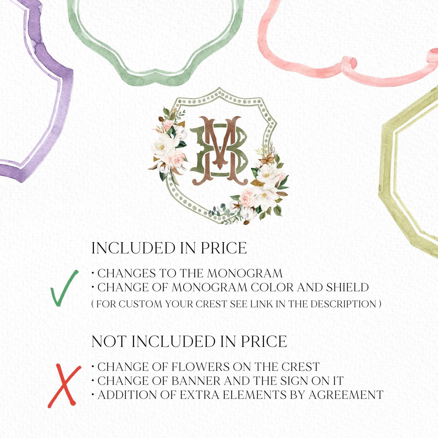 Magnolia Greenery Flower Watercolor Wedding Crest - Monogram Crest - Magnolia Floral Watercolor Wedding Crest - Romantic Wedding Crest