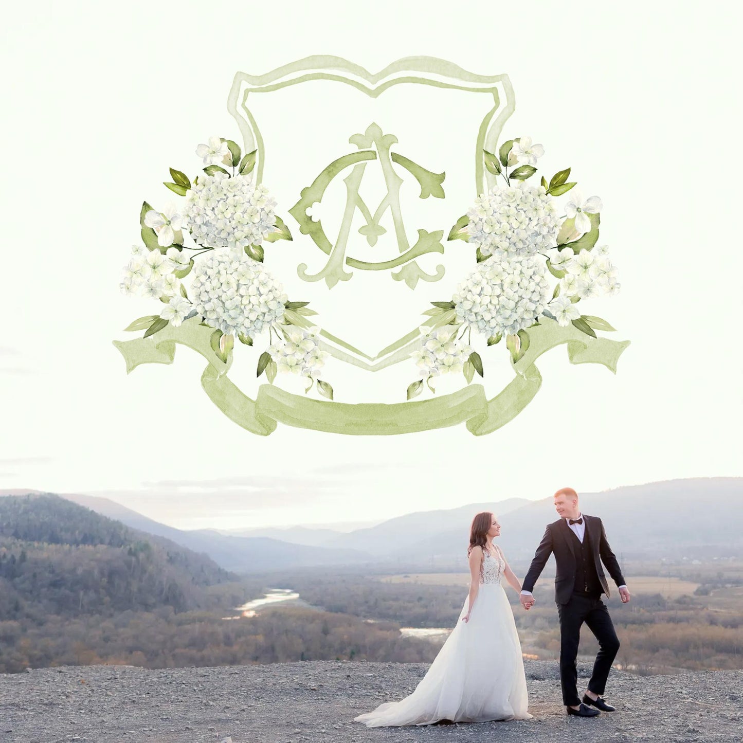 White Hydrangea Flower Wedding Crest - Monogram Crest - Hydrangea Floral Luxury Watercolor Wedding Crest - Romantic Wedding Crest