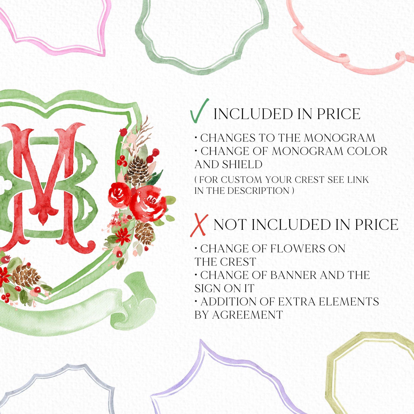 Custom Monogram Christmas Wedding Crest - Rose Hips Floral Watercolor - Winter Christmas Watercolors Crests