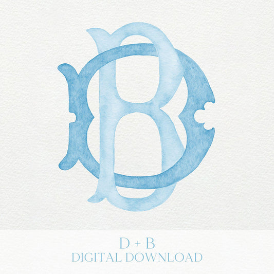 Watercolor Wedding Monogram DB - Classic Initial Design (Digital Download)