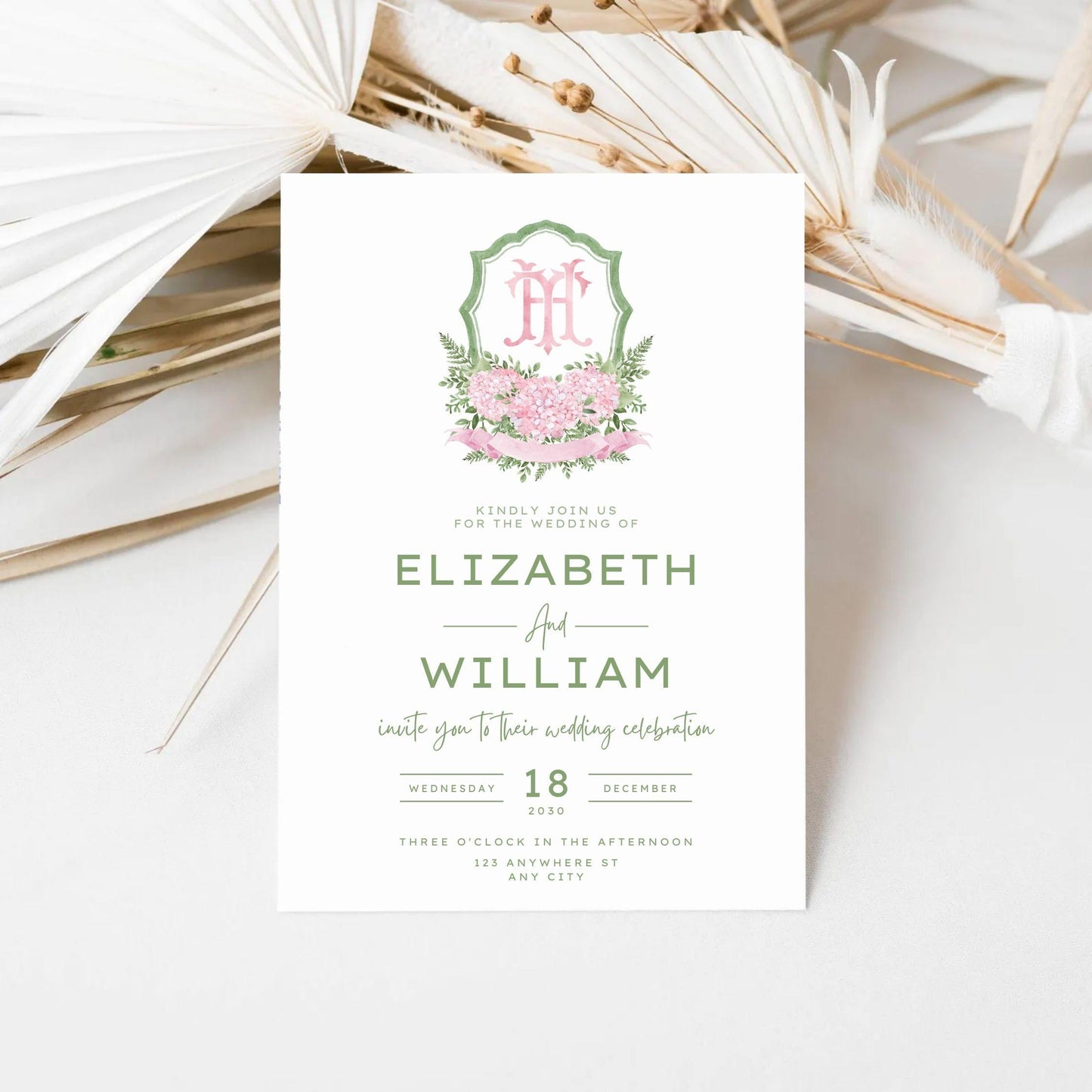 Pink Hydrangea Flower Greenery Wedding Crest - Monogram Crest - Hydrangea Floral Luxury Watercolor Wedding Crest - Romantic Wedding Crest