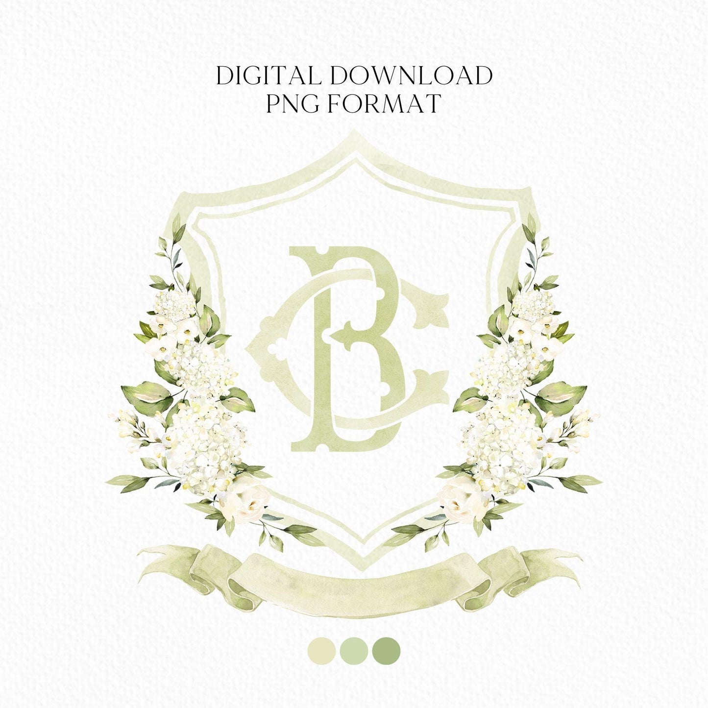 White Hydrangea Flower Wedding Crest - Monogram Crest - Hydrangea Floral Watercolor Wedding Crest - Romantic Wedding Crest - Boho Hydrangea
