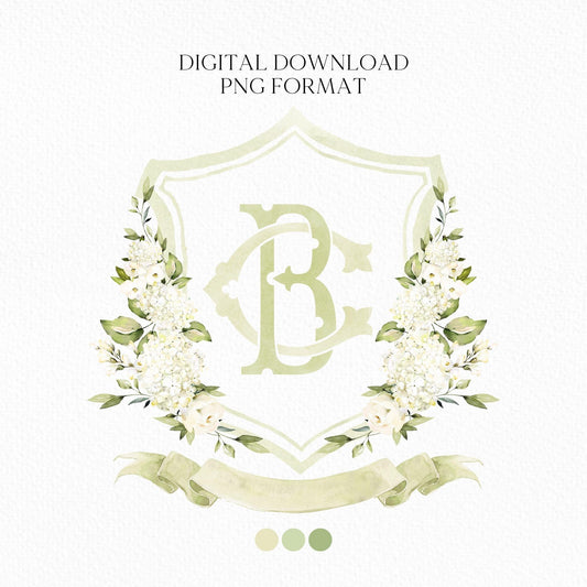 White Hydrangea Flower Wedding Crest - Monogram Crest - Hydrangea Floral Watercolor Wedding Crest - Romantic Wedding Crest - Boho Hydrangea