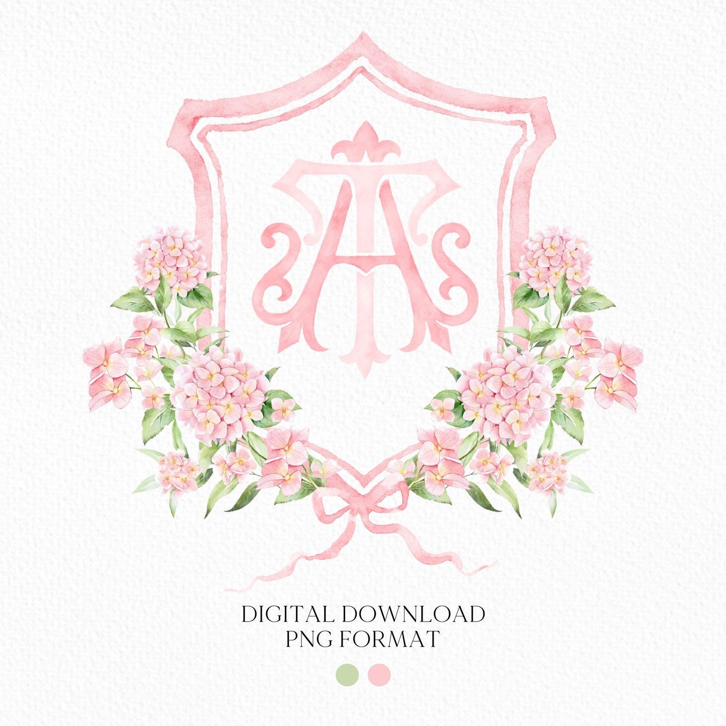 Pink Hydrangea Flower Wedding Crest - Monogram Crest - Light Pink Hydrangea Floral Luxury Watercolor Wedding Crest - Romantic Wedding Crest