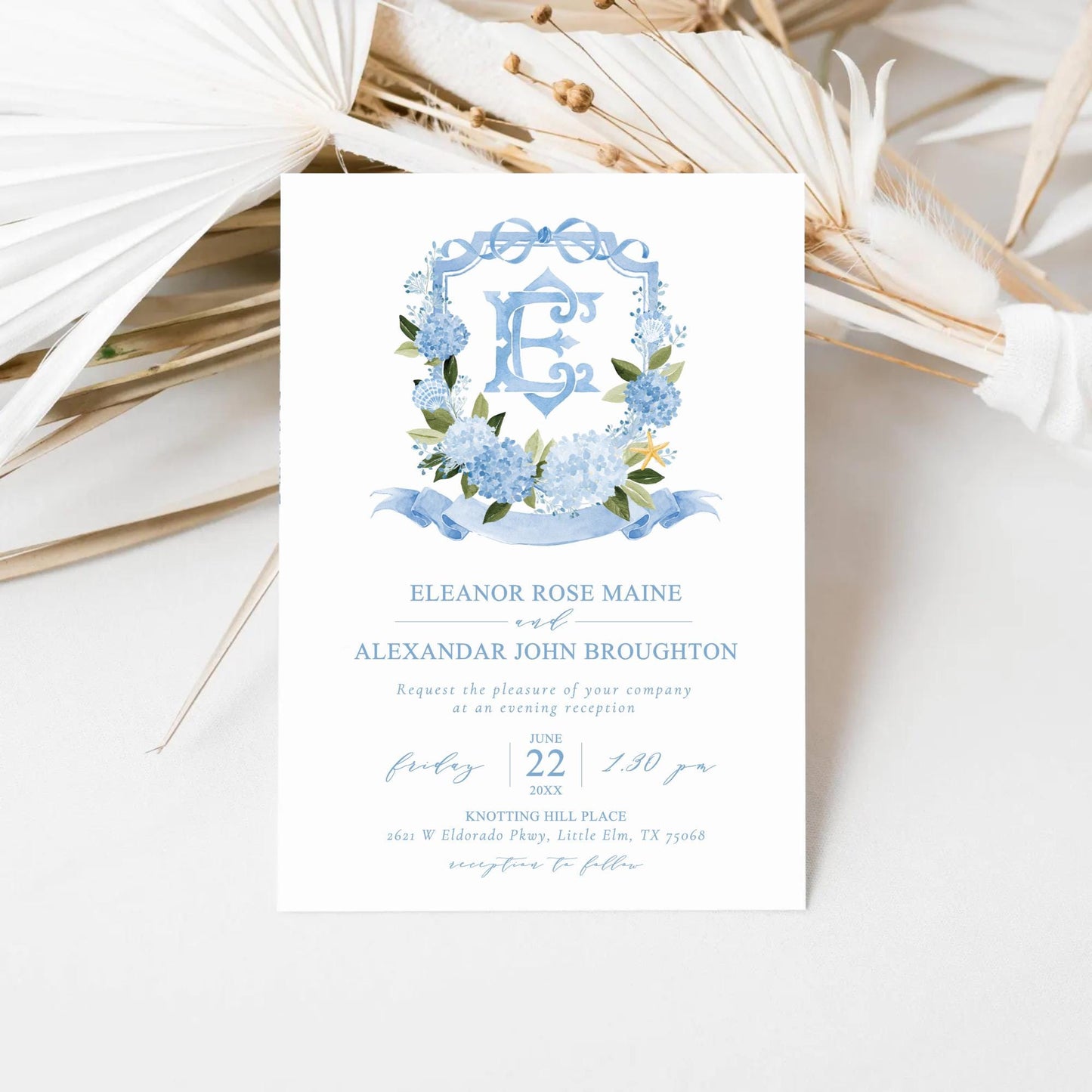 Watercolor Blue Hydrangea Flower Wedding Crest - Monogram Crest - Hydrangea Floral Luxury Watercolor Wedding Crest - Romantic Wedding Crest