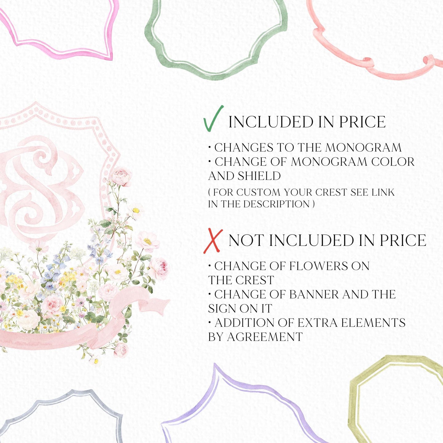 Pastel Wildflowers Light Pink Watercolor Wedding Crest - Monogram Crest - Floral Watercolor Wedding Crest - Romantic Wedding Crest