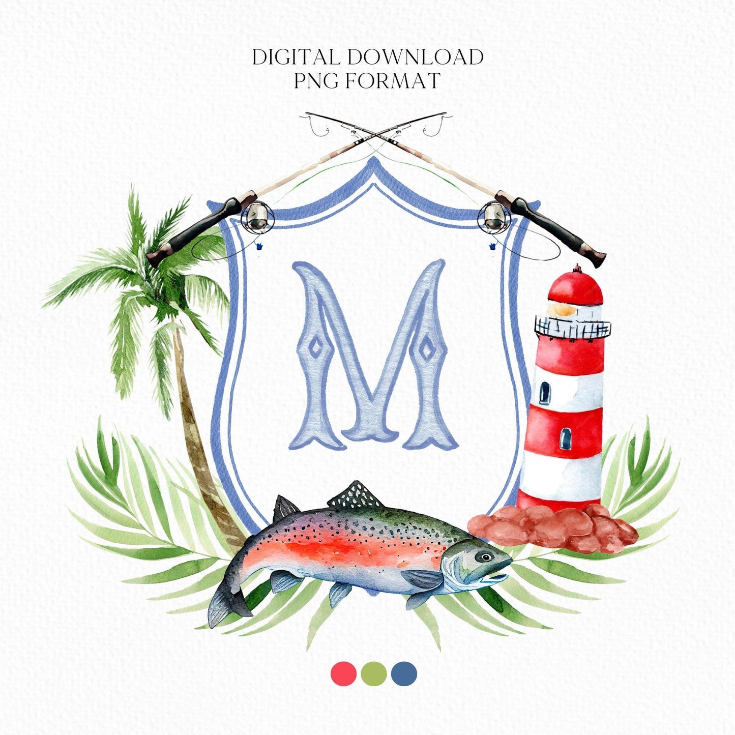 Fish Lighthouse Glass Ocean Wedding Watercolor Crest · Monogram Whale Crest · Palm Leaf Greenery Garden Sea Wedding Crest - Wedding Crest