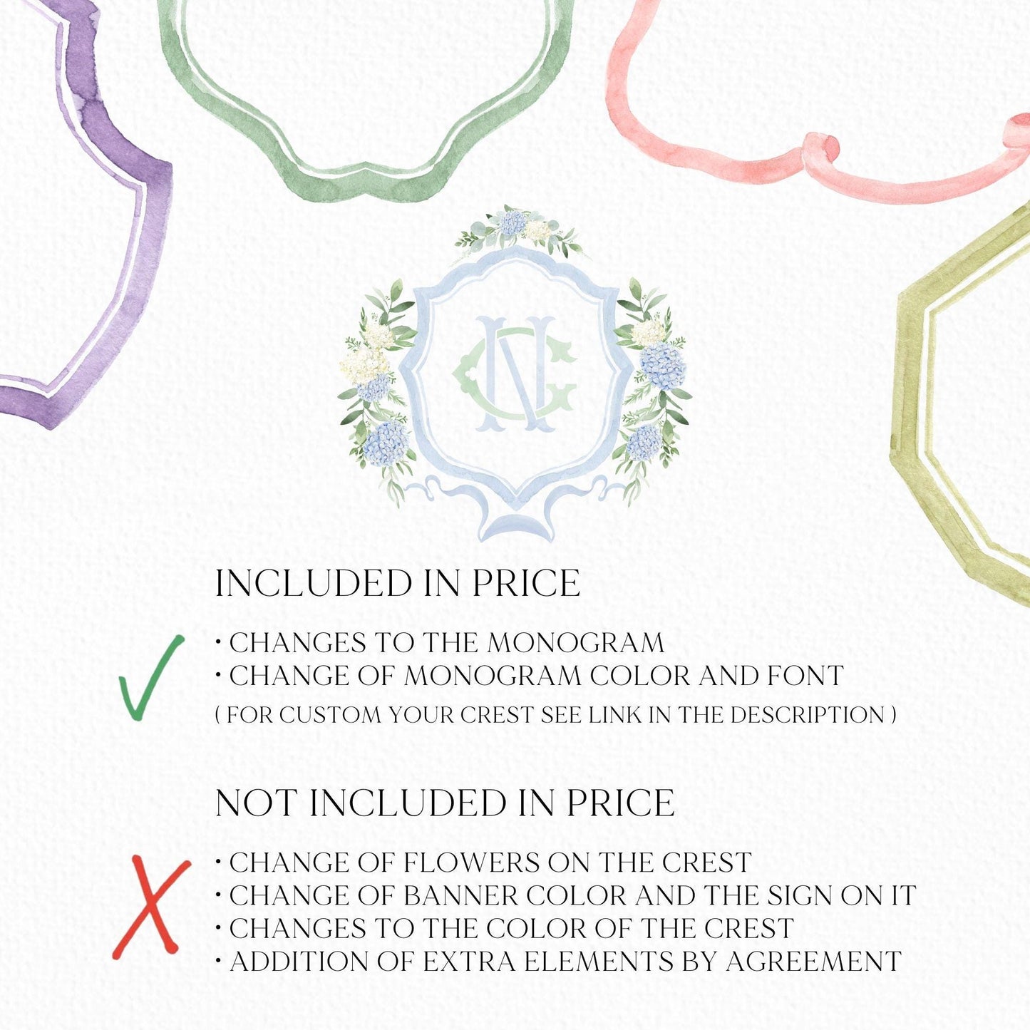 Hydrangea Flower Wedding Crest - Monogram Crest - Hydrangea Floral Luxury Watercolor Wedding Crest - Romantic Wedding Crest- Boho Hydrangea