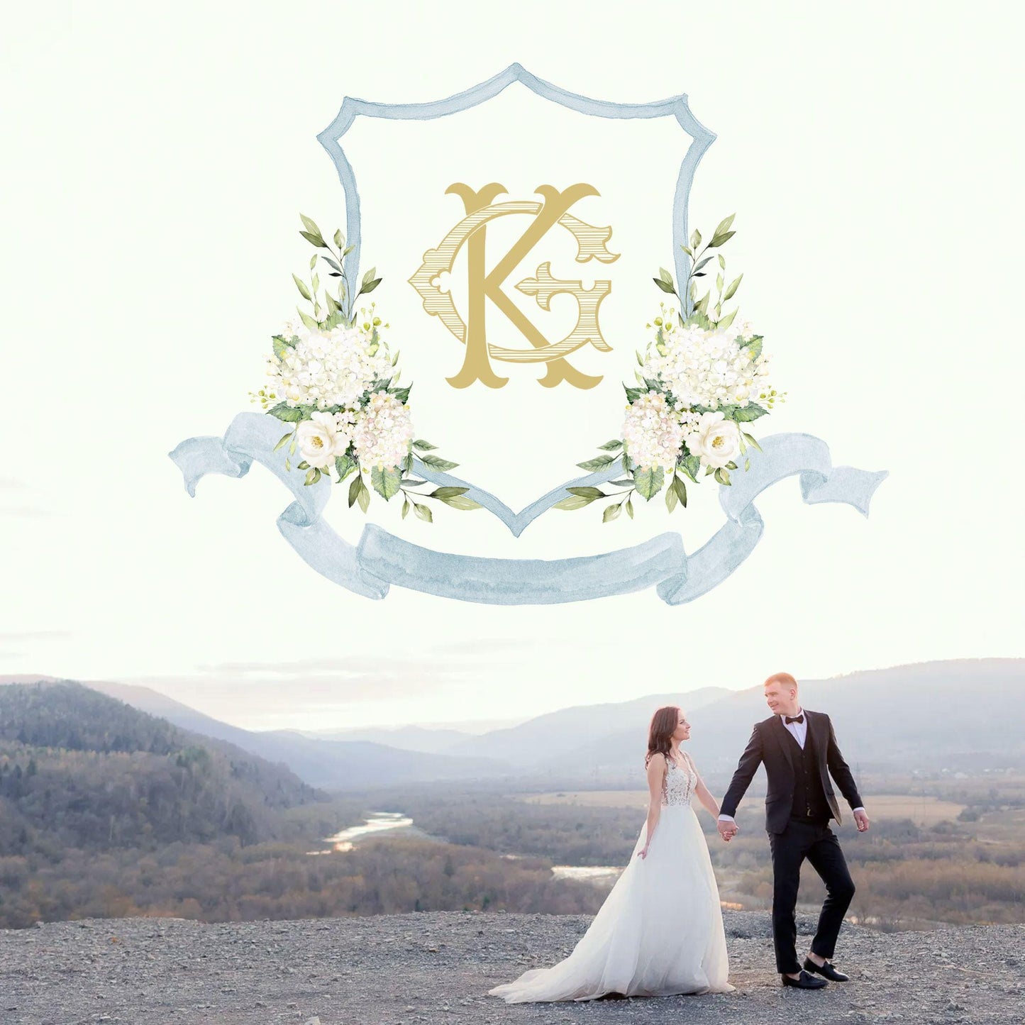 White Hydrangea Flower Wedding Crest - Monogram Crest - Hydrangea Floral Luxury Watercolor Wedding Crest - Romantic Wedding Crest