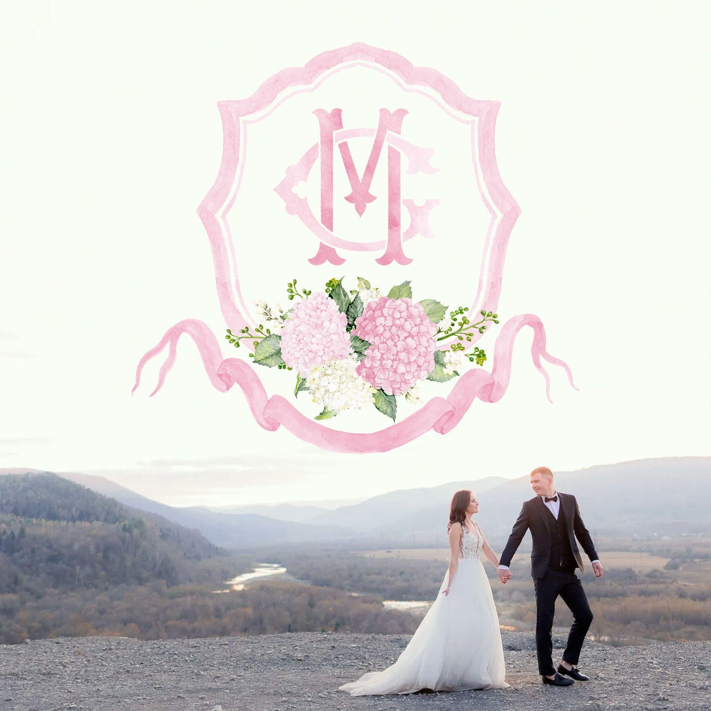 Pink Hydrangea Flower Wedding Crest - Monogram Crest - White Hydrangea Floral Luxury Watercolor Wedding Crest - Romantic Wedding Crest