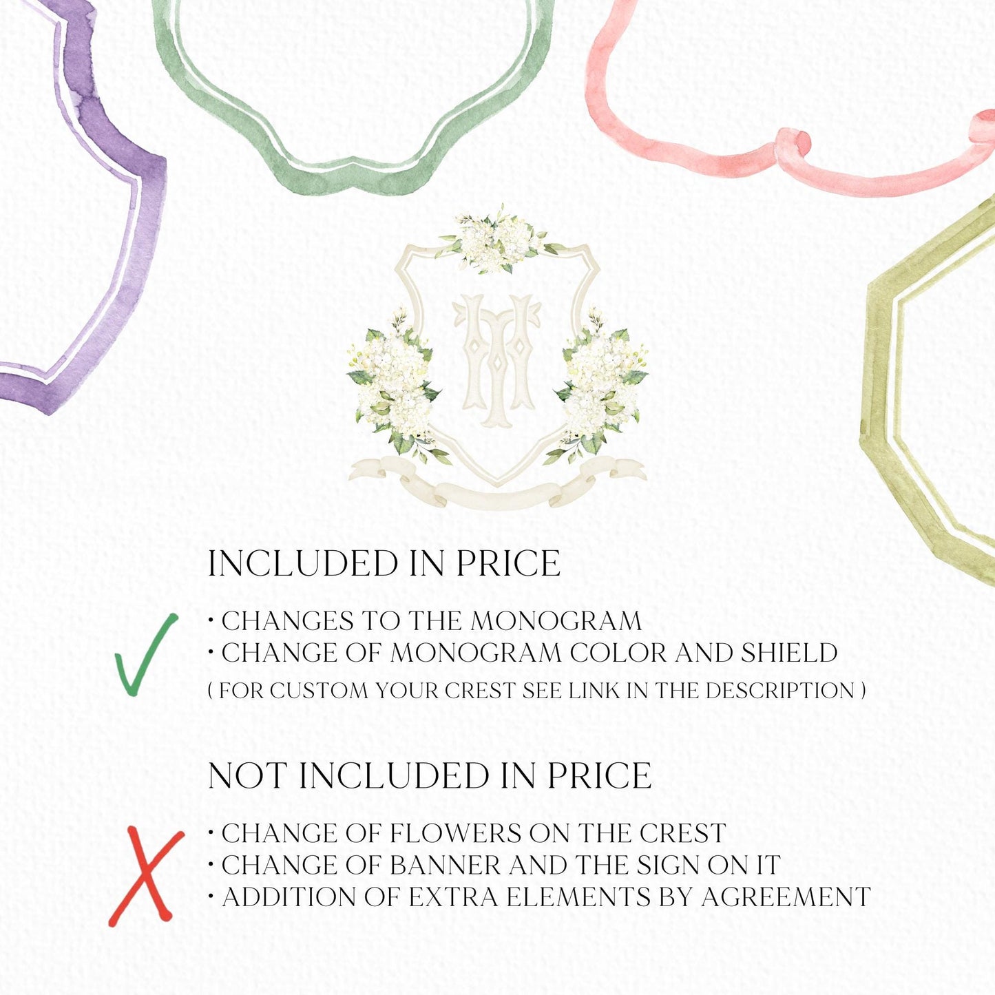 Hydrangea White Flower Wedding Crest - Monogram Crest - White Hydrangea Floral Luxury Watercolor Wedding Crest - Romantic Wedding Crest