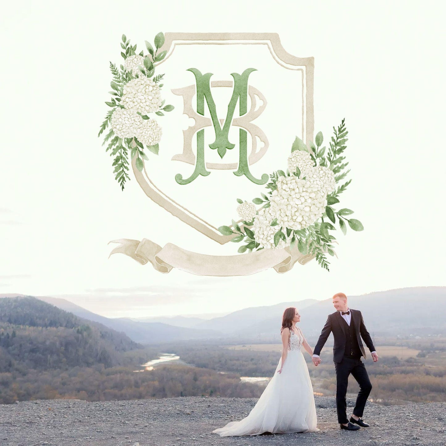 White Hydrangea Flower Wedding Crest - Monogram Crest - Hydrangea Floral Luxury Watercolor Wedding Crest - Romantic Wedding Crest