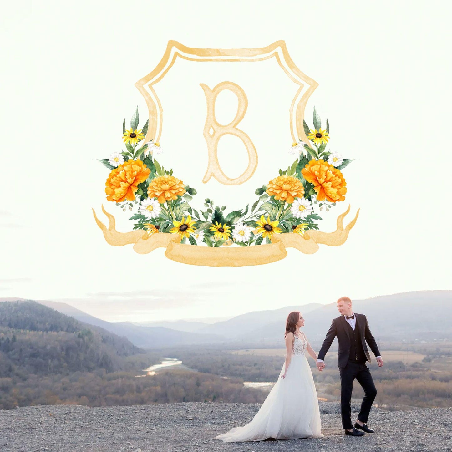 Marigold Floral Watercolor Wedding Crest - Monogram Crest - Dainty Floral Watercolor Wedding Crest - Romantic Wedding Crest