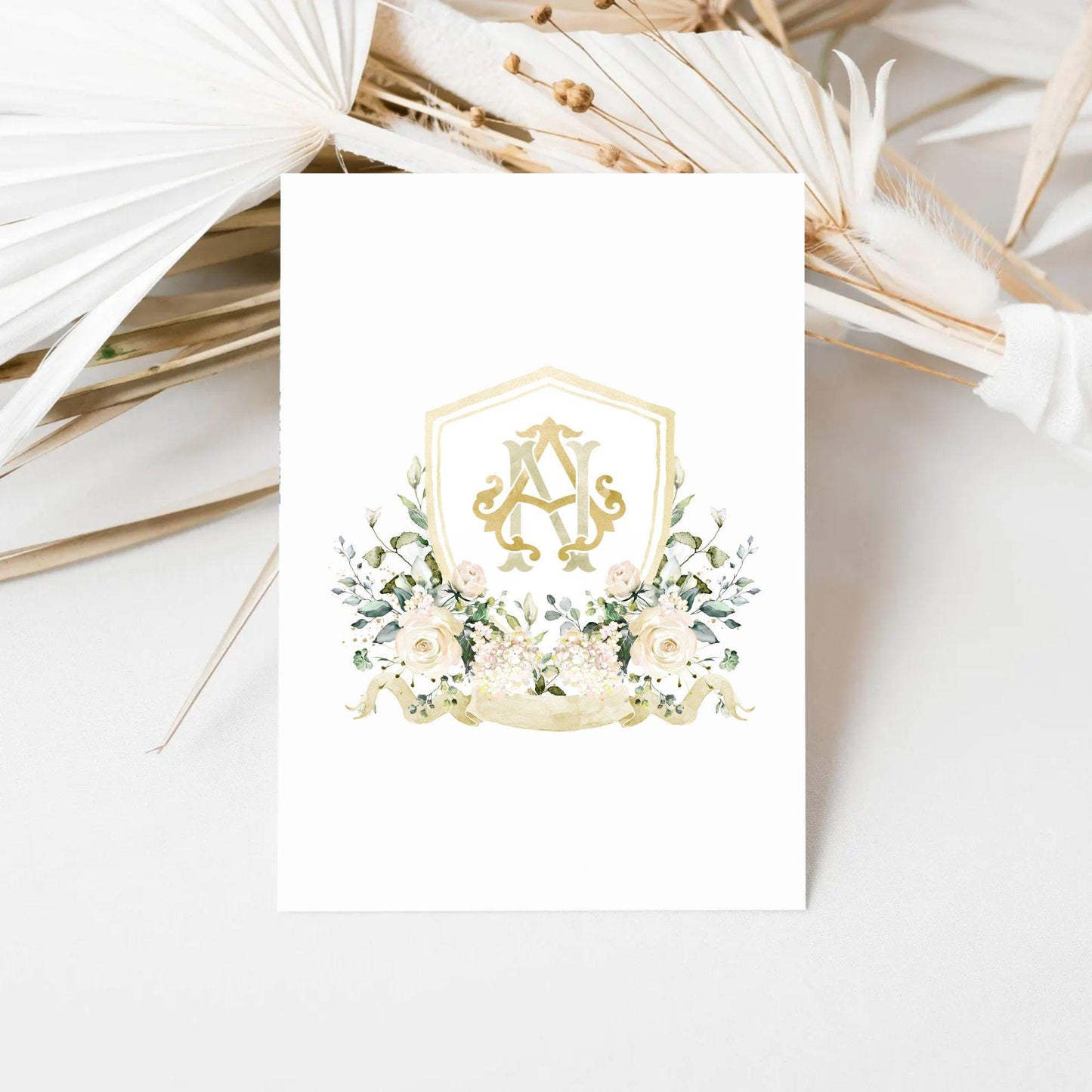 White Rose Greenery White Flower Wedding Crest - Monogram Crest - White Floral Watercolor Wedding Crest - Romantic Wedding Crest