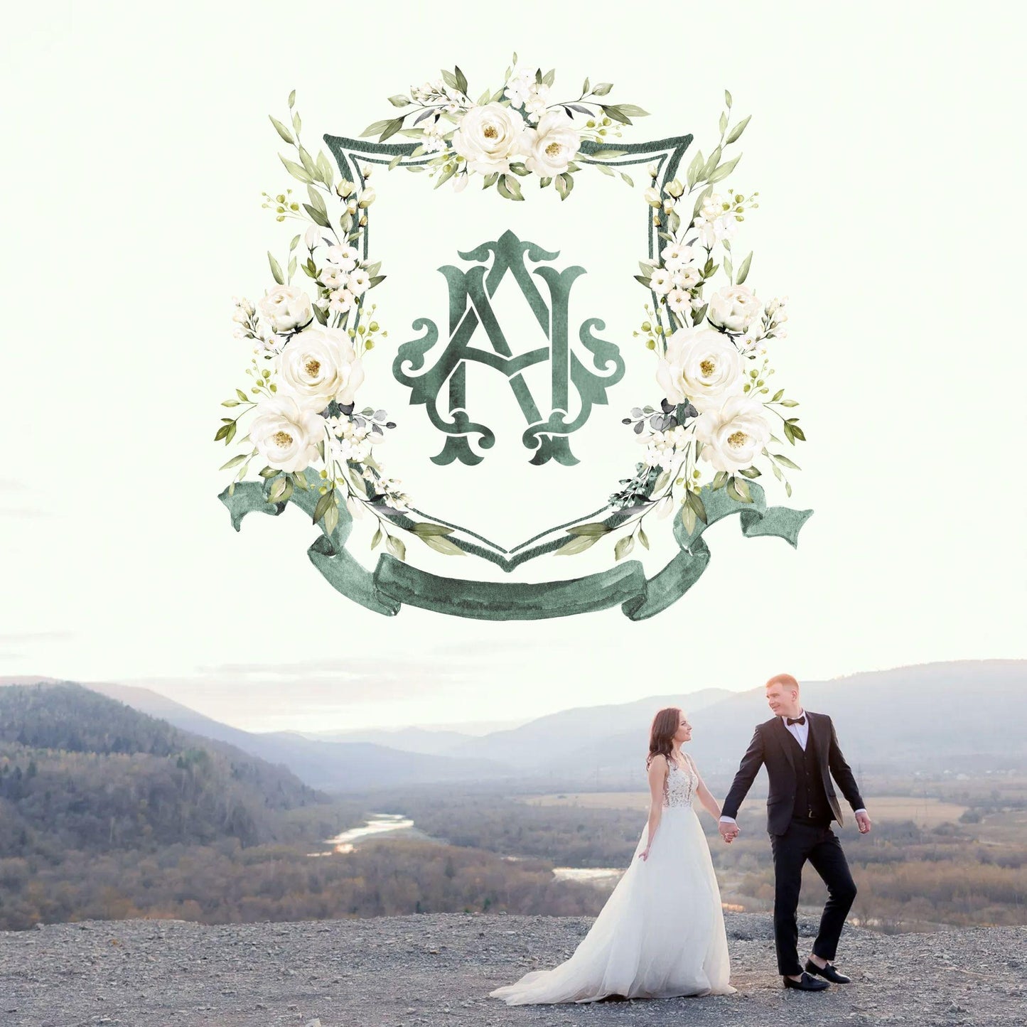 Creamy Rose Ivory Greenery White Flower Wedding Crest - Monogram Crest - White Floral Watercolor Wedding Crest - Romantic Wedding Crest