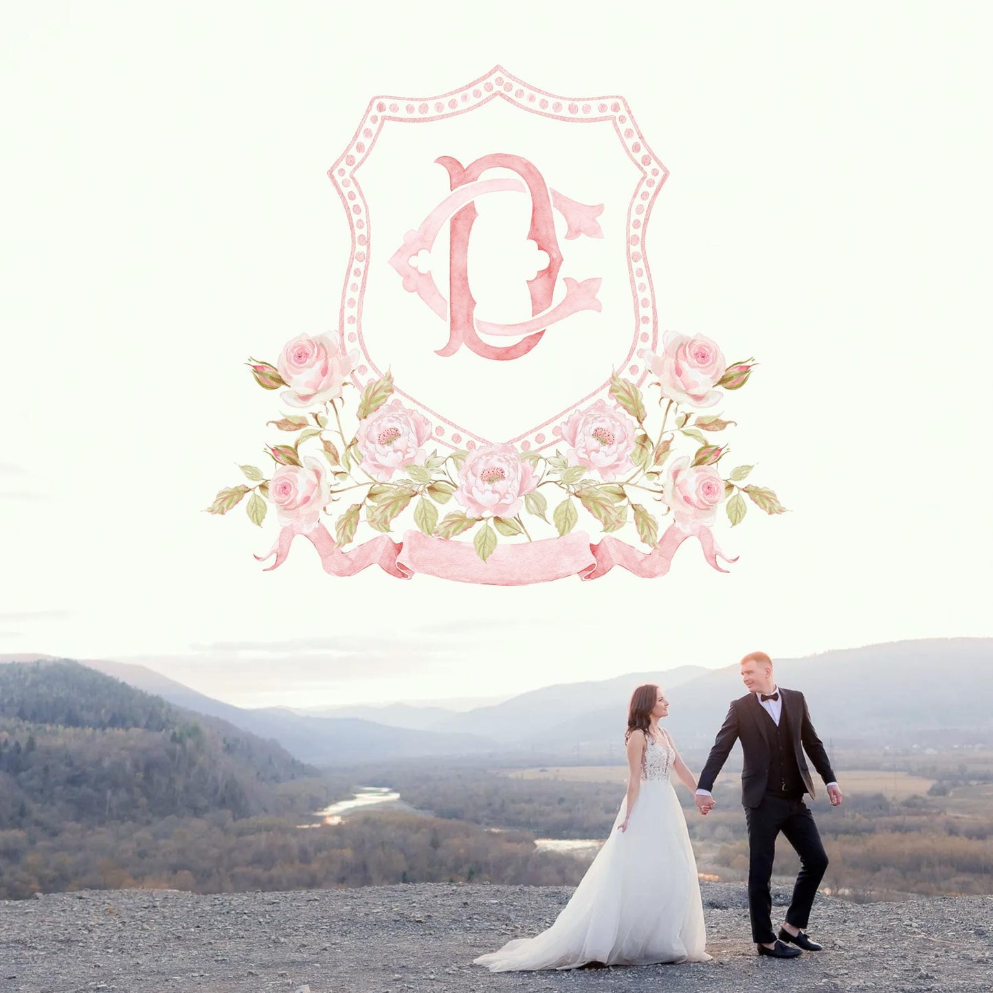 Blush Pink Floral Rustic Greenery Flower Wedding Crest - Monogram Crest - Floral Watercolor Wedding Crest - Romantic Wedding Crest