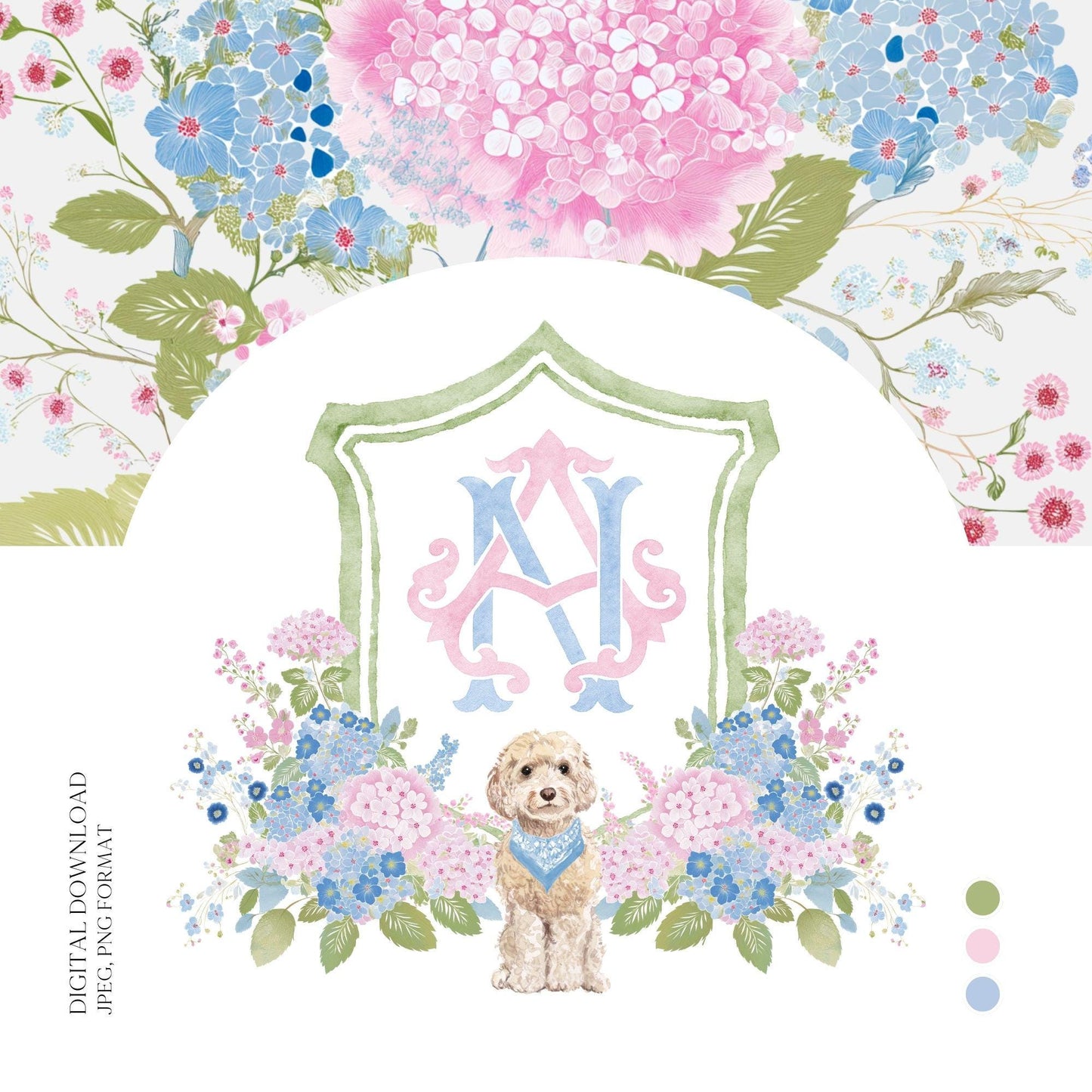 Hydrangea Blue Pink Wedding Family Crest - Light Pink Blue Hydrangea Flower Wedding Crest - Monogram Crest