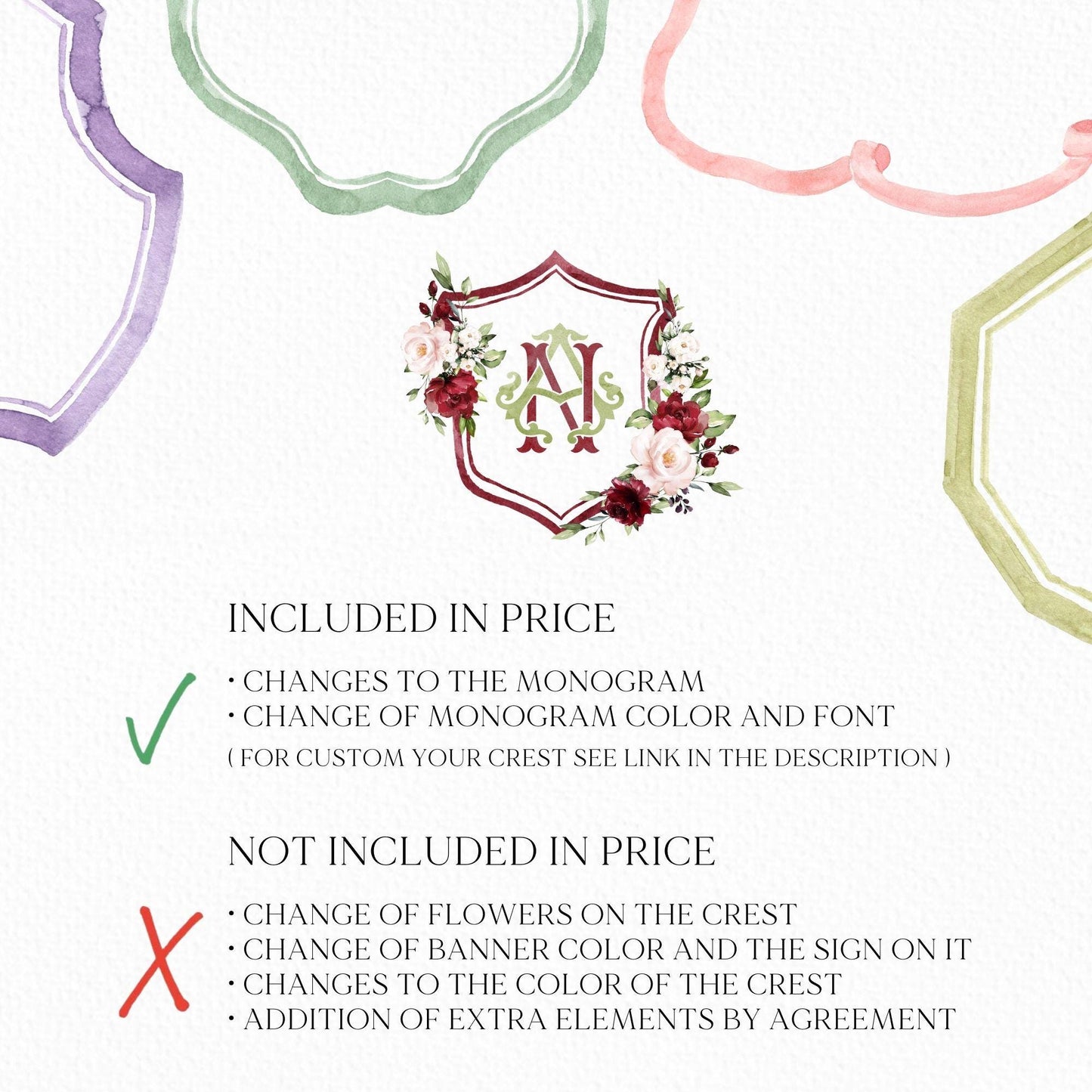 Marsala & Blush Pink Floral Rustic Greenery Flower Wedding Crest - Monogram Crest - Floral Watercolor Wedding Crest - Romantic Wedding Crest