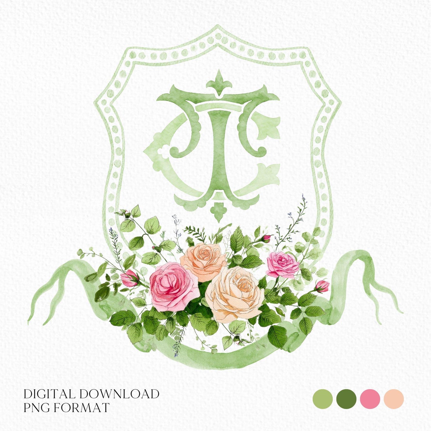 Blush Roses Soft Petals Flower Wedding Crest - Monogram Crest - Watercolor Rose Floral Watercolor Wedding Crest - Romantic Wedding Crest