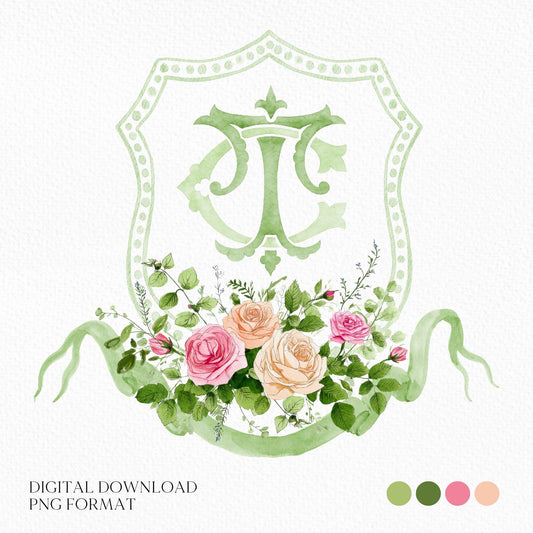 Blush Roses Soft Petals Flower Wedding Crest - Monogram Crest - Watercolor Rose Floral Watercolor Wedding Crest - Romantic Wedding Crest