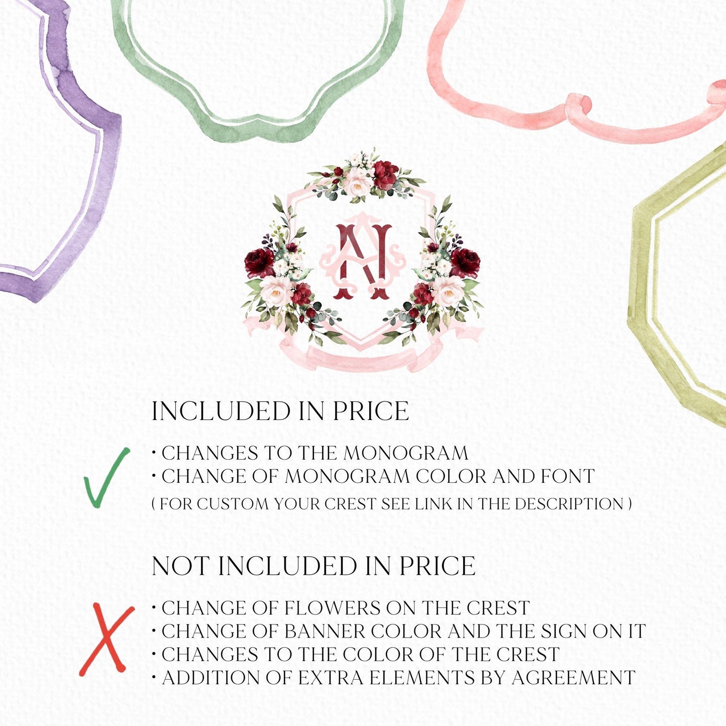 Marsala & Blush Pink Floral Rustic Greenery Flower Wedding Crest - Monogram Crest - Floral Watercolor Wedding Crest - Romantic Wedding Crest