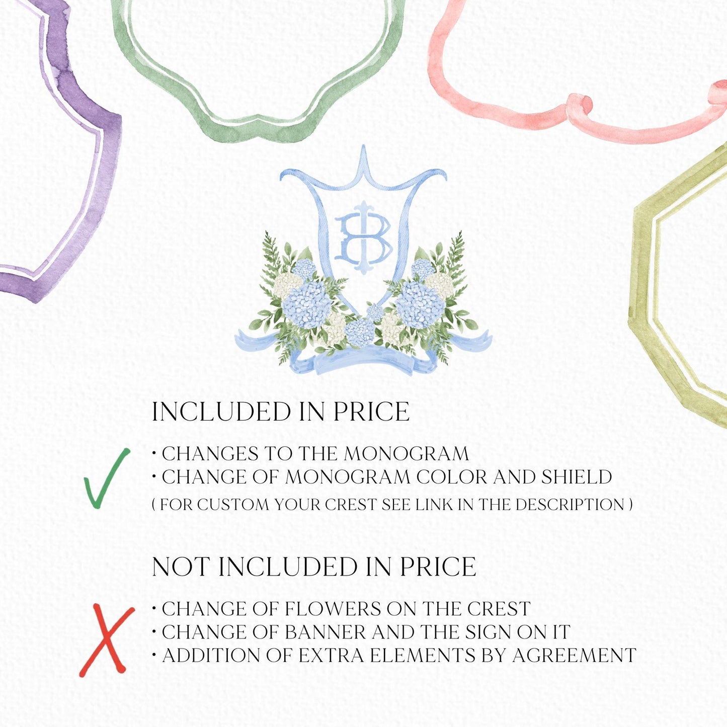 White Blue Hydrangea Flower Wedding Crest - Monogram Crest - Hydrangea Floral Luxury Watercolor Wedding Crest - Romantic Wedding Crest