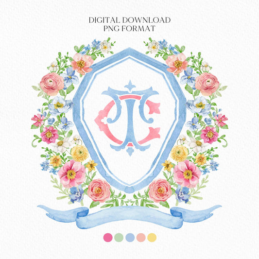 Wildflowers Bright Floral Colorful Watercolor Wedding Crest - Monogram Crest - Floral Watercolor Wedding Crest - Romantic Wedding Crest