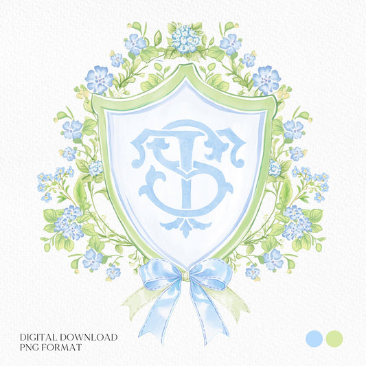 Vintage Green Bow Flower Wedding Crest - Monogram Crest - Botanical Floral Watercolor Wedding Crest - Watercolor Blue Floral Wedding Crest