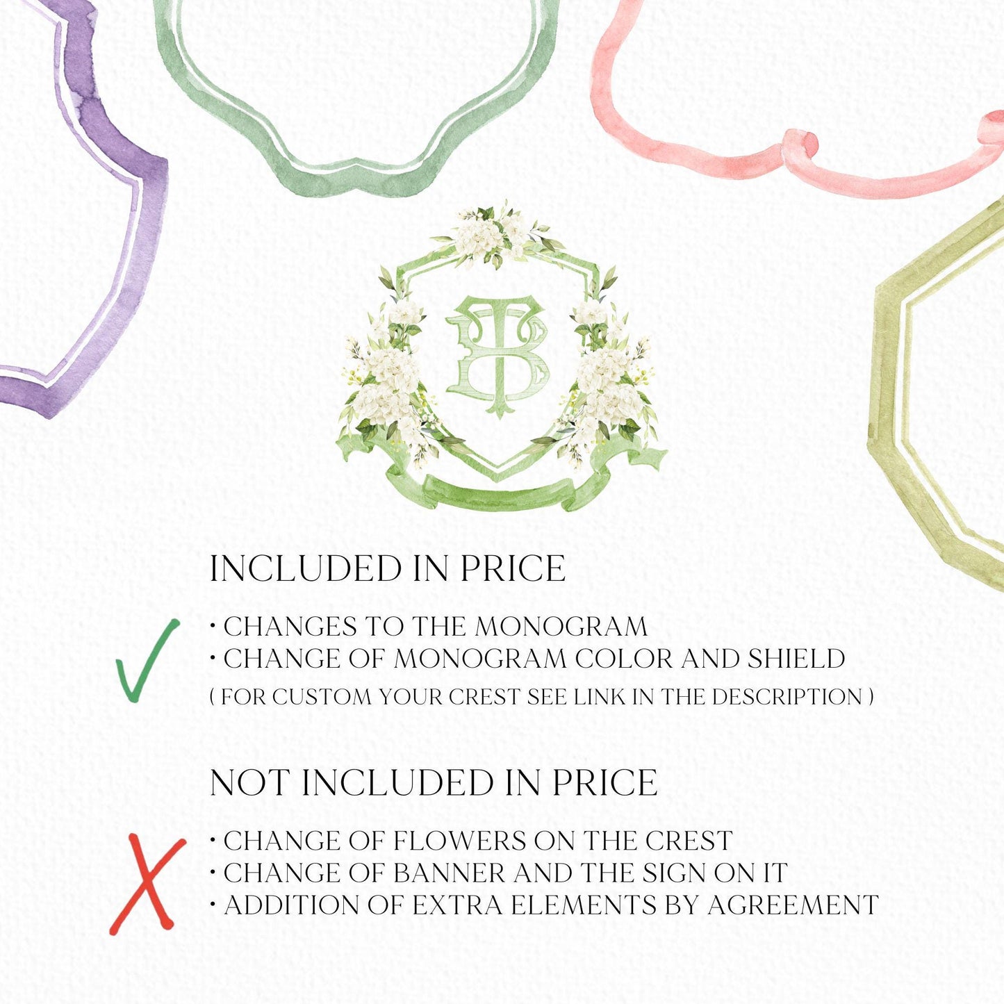 White Hydrangea Flower Wedding Crest - Monogram Crest - Hydrangea Floral Watercolor Wedding Crest - Romantic Wedding Crest - Boho Hydrangea