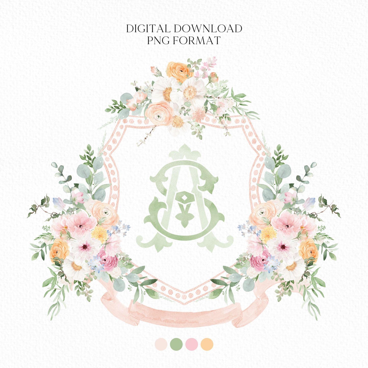 Wildflower Prink Spring Flower Wedding Crest - Monogram Crest - Wildflower bohemian Floral Watercolor Wedding Crest - Romantic Wedding Crest