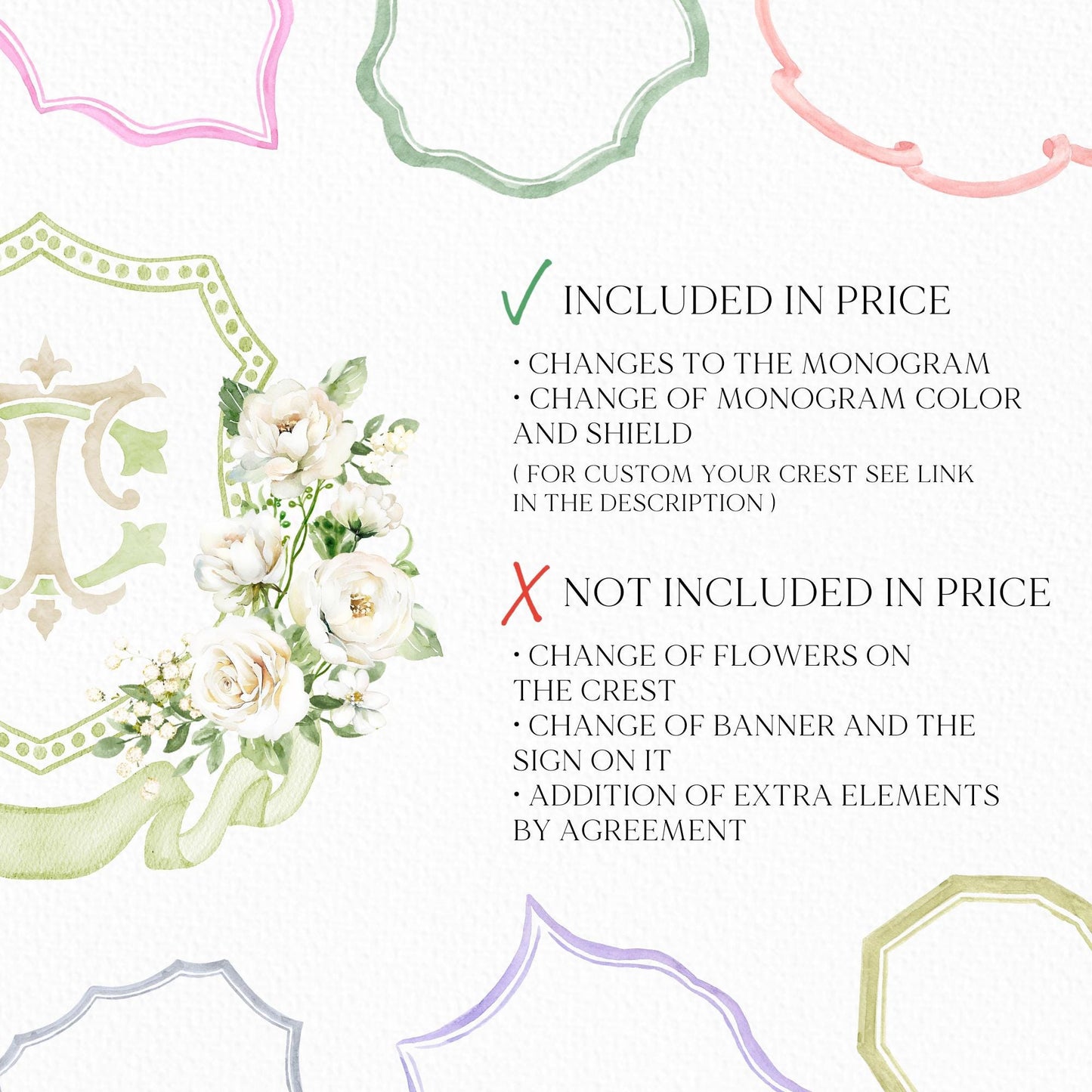 White Rose Greenery White Flower Wedding Crest - Monogram Crest - White Cream Roses flower Watercolor Wedding Crest - Romantic Wedding Crest