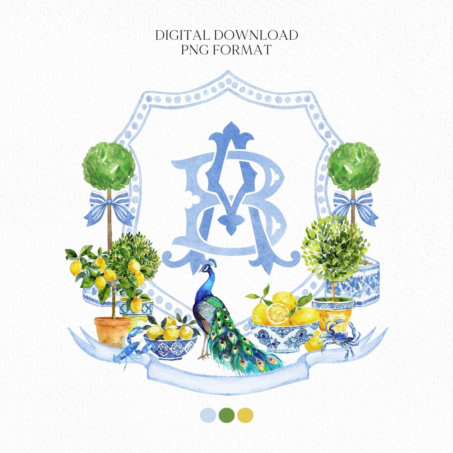 Mediterranean Tiles and Lemons Wedding Crest - Monogram Crest - Mediterranean Tiles Watercolor Wedding Crest - Italy Style Monogram Crest