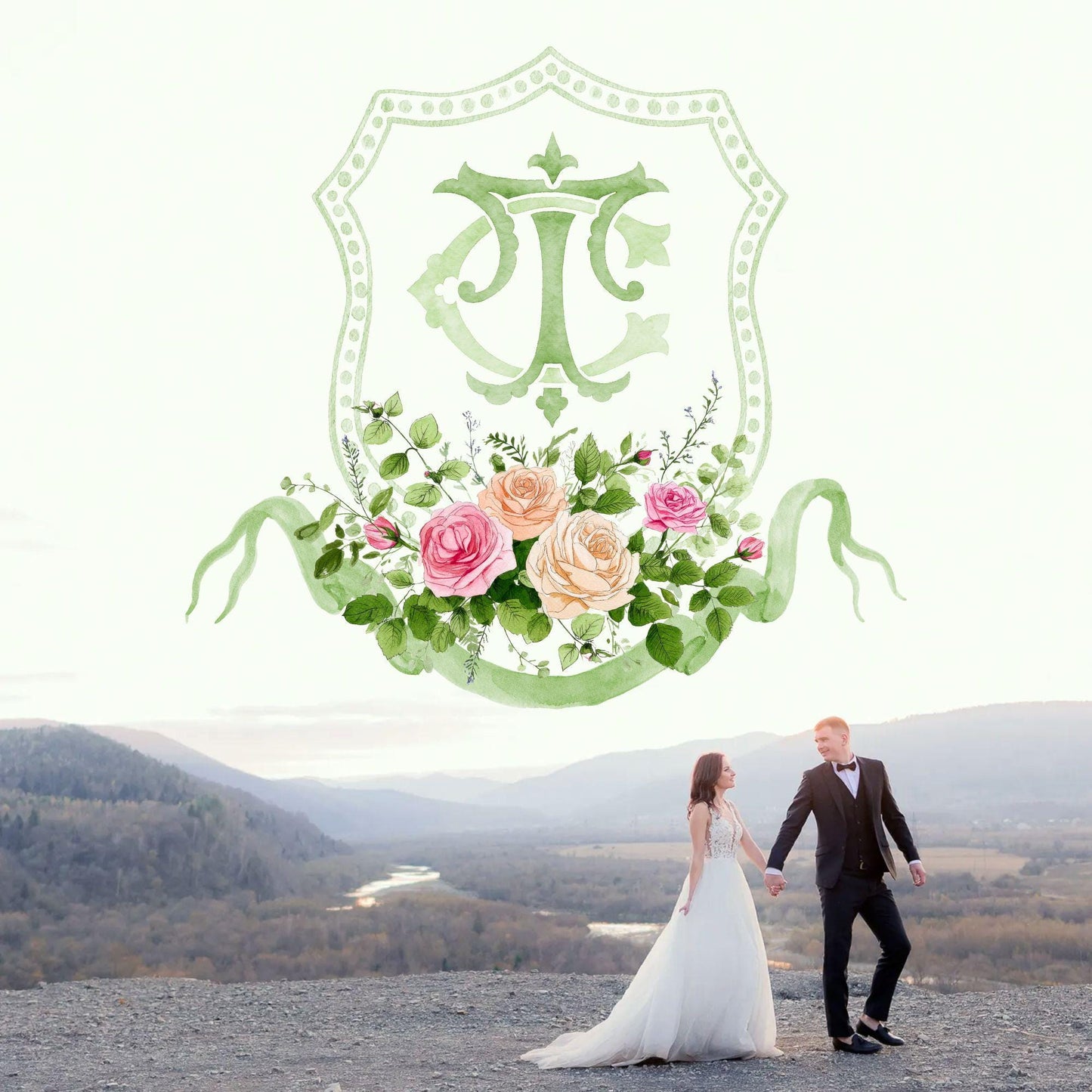 Blush Roses Soft Petals Flower Wedding Crest - Monogram Crest - Watercolor Rose Floral Watercolor Wedding Crest - Romantic Wedding Crest