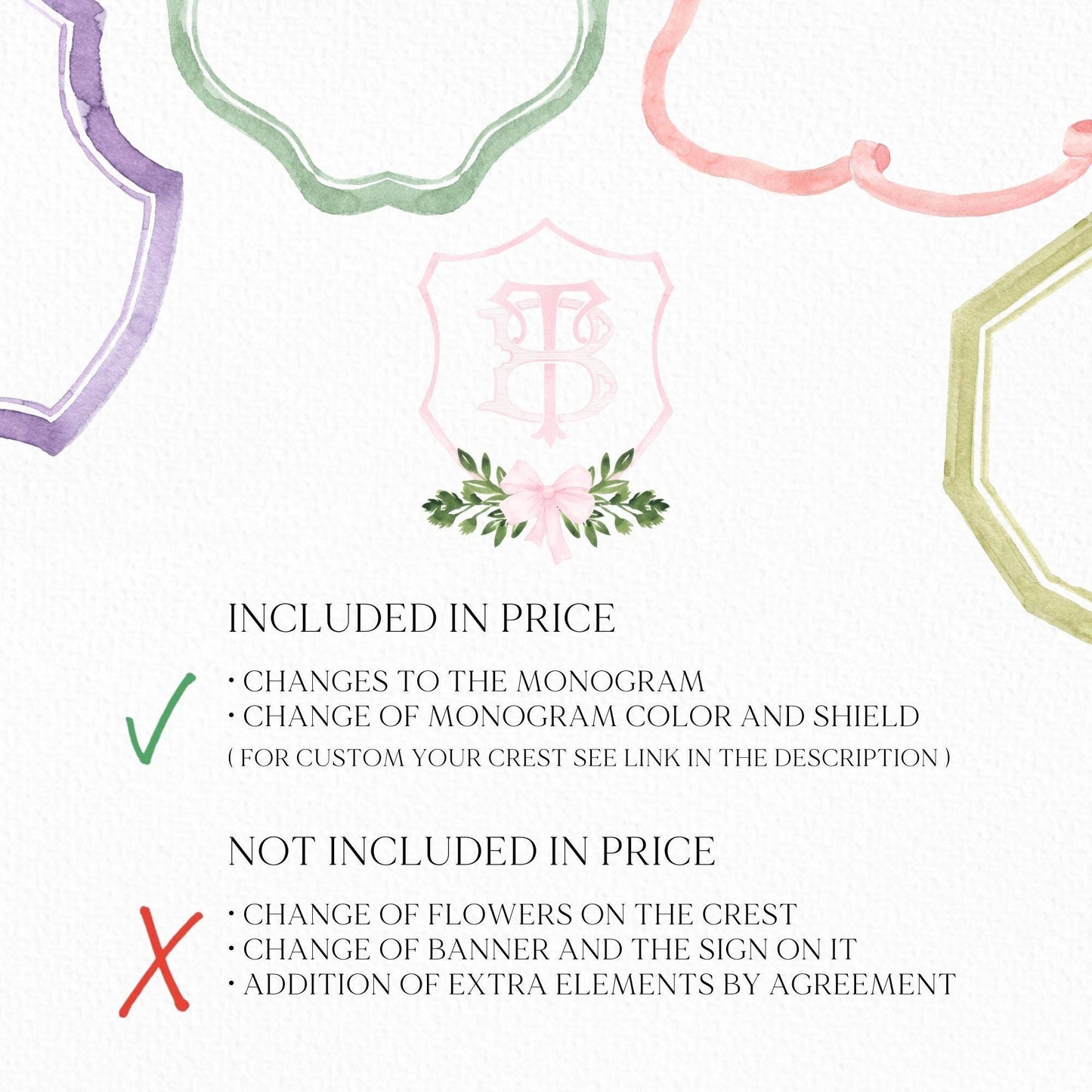 Watercolor Pink Classic Eucalyptus Ribbon Flower Wedding Crest - Monogram Crest -  Luxury Watercolor Wedding Crest - Romantic Wedding Crest
