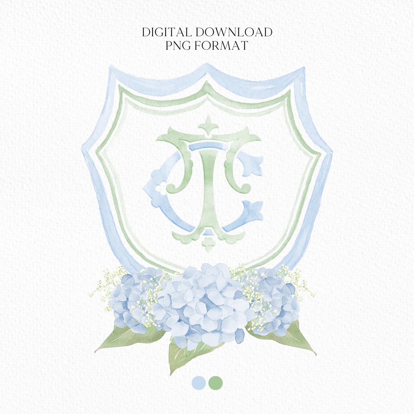 Hydrangea Flower Sage Green Baby's Breath Wedding Crest - Monogram Crest - Hydrangea Light Blue Floral Luxury Watercolor Wedding Crest