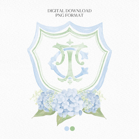 Hydrangea Flower Sage Green Baby's Breath Wedding Crest - Monogram Crest - Hydrangea Light Blue Floral Luxury Watercolor Wedding Crest