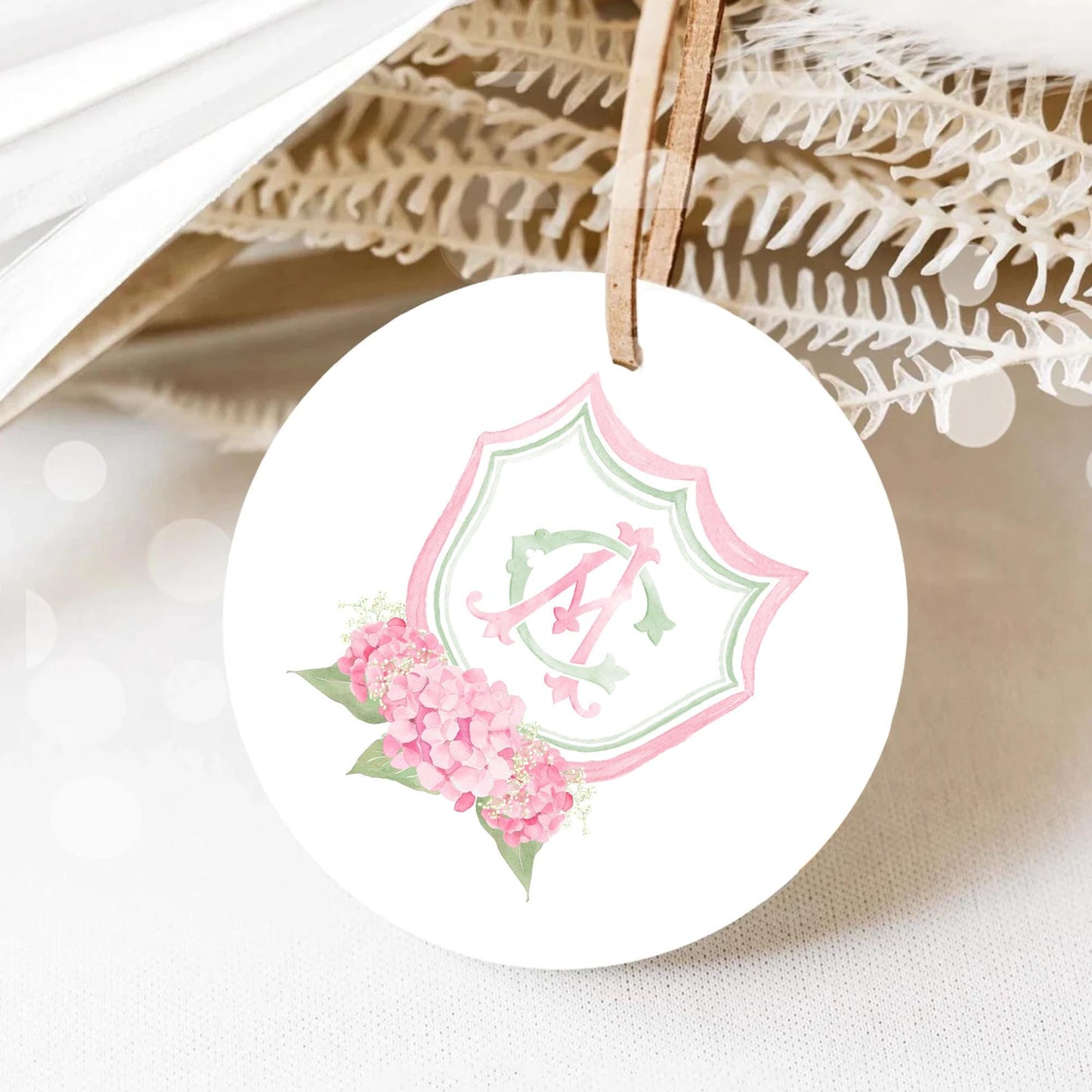 Hydrangea Pink Green Floral Wedding Crest - Monogram Crest - Green Baby's Breath Hydrangea Floral Luxury Watercolor Wedding Crest