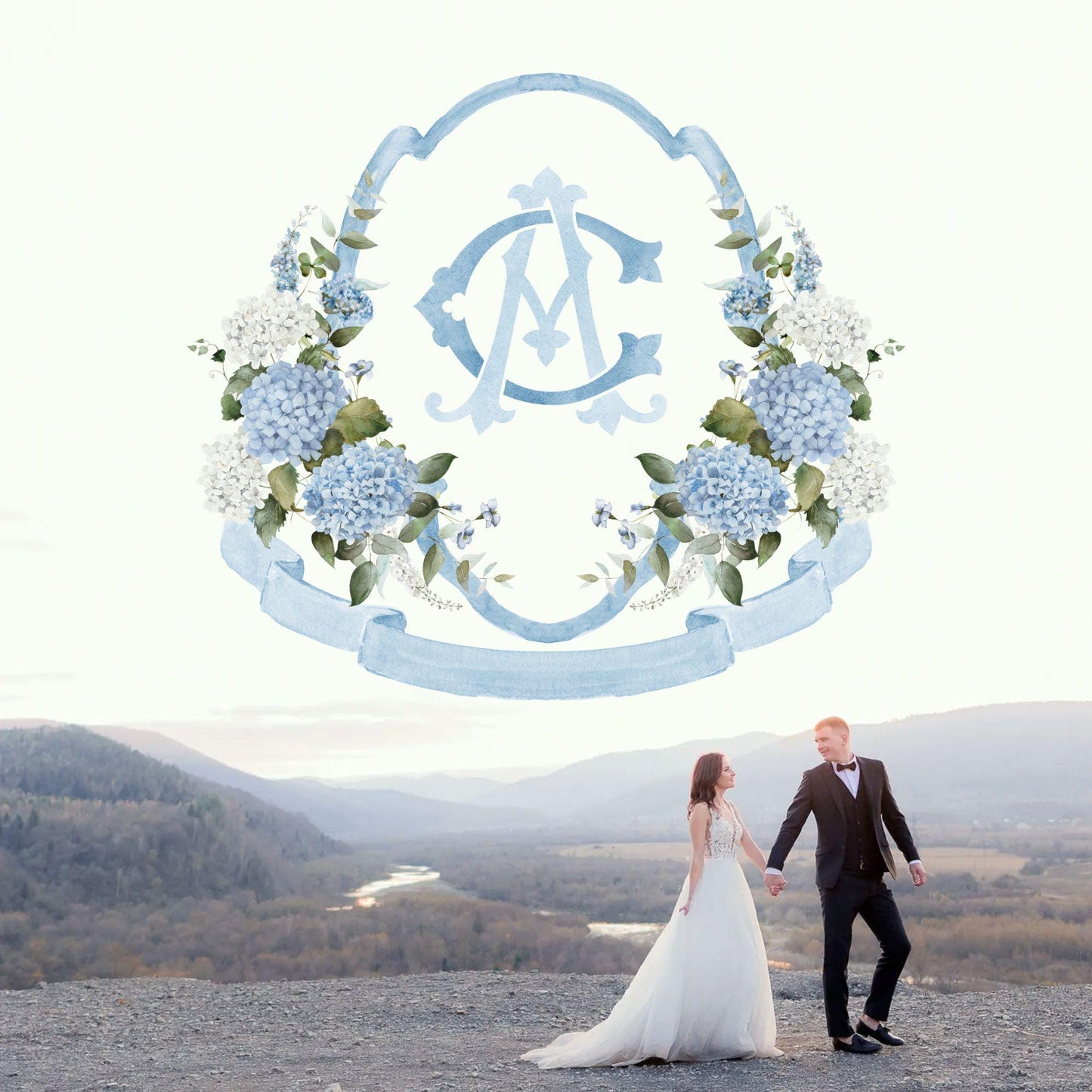Hydrangea Flower Wedding Crest - Monogram Crest - Hydrangea Floral Luxury Watercolor Wedding Crest - Romantic Wedding Crest- Boho Hydrangea
