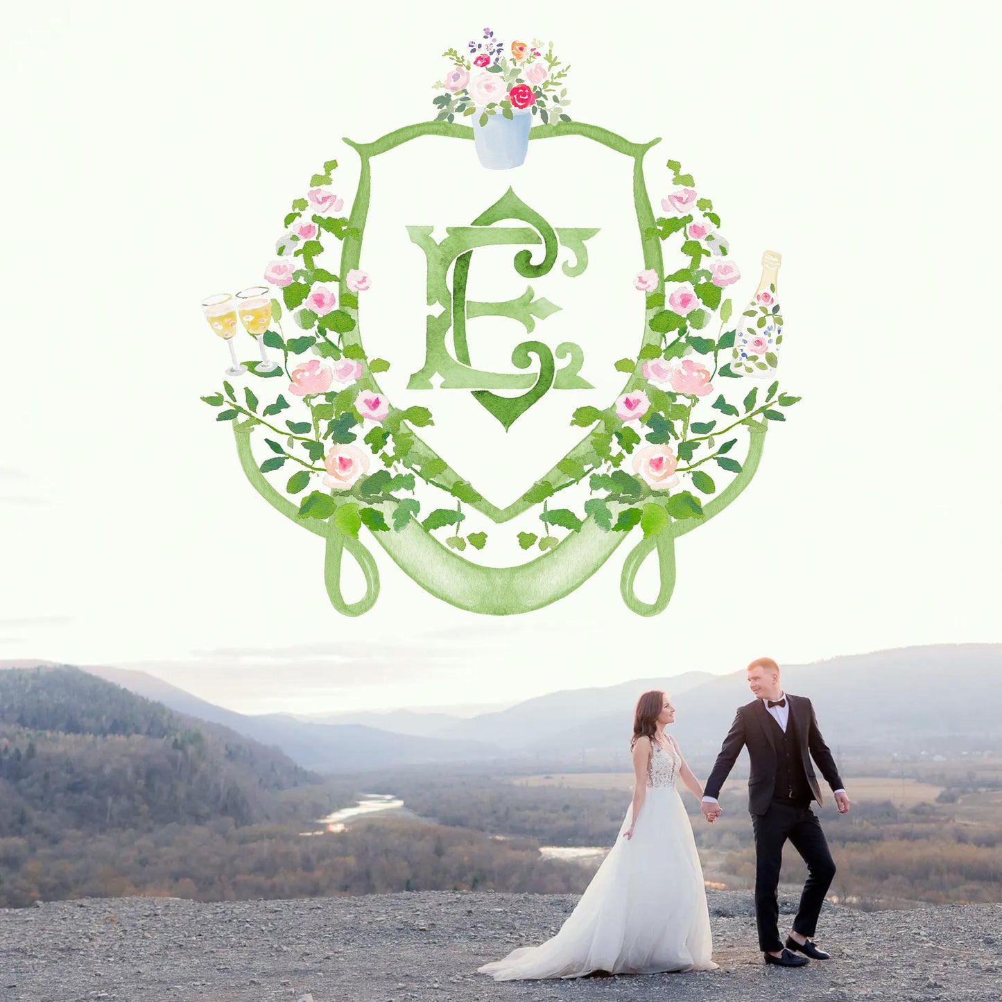 Pastel Roses Pink Greenery Flower Wedding Crest - Monogram Crest - Pink Blush Floral Watercolor Wedding Crest - Romantic Wedding Crest