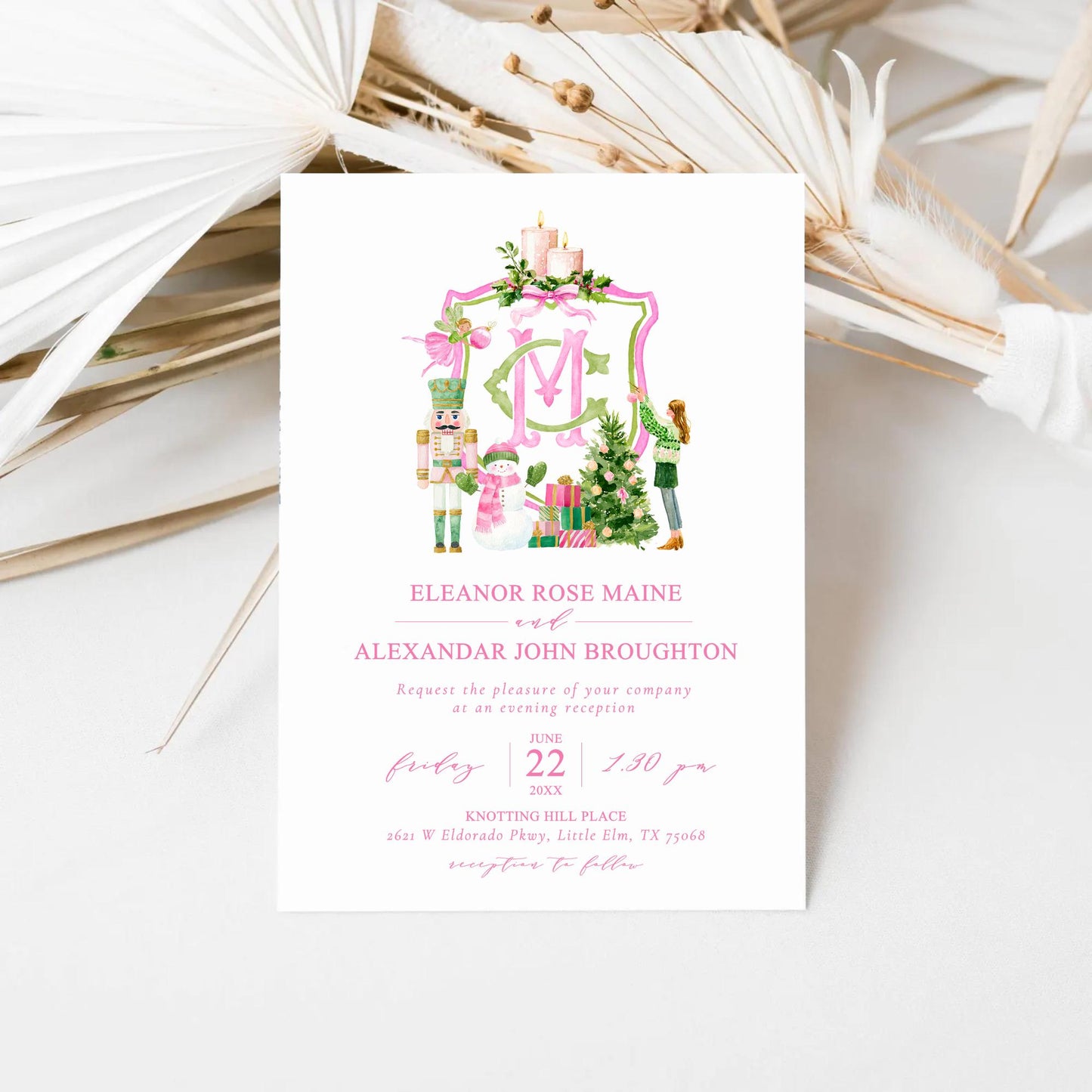 Nutcracker Christmas Wedding Crest - Monogram Crest - Winter Floral Watercolor Wedding Crest - Winter Christmas Wedding Light Pink Crest